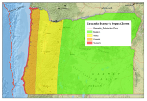 Impact zones for the magnitude 9.0 Cascadia earthquake scenario. Damage will be extreme in the tsunami zone, heavy in the Coastal zone, moderate in the Valley zone, and light in the Eastern zone.