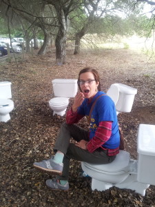 Walkers were greeted by toilets at the starting line at University of California Santa Cruz.